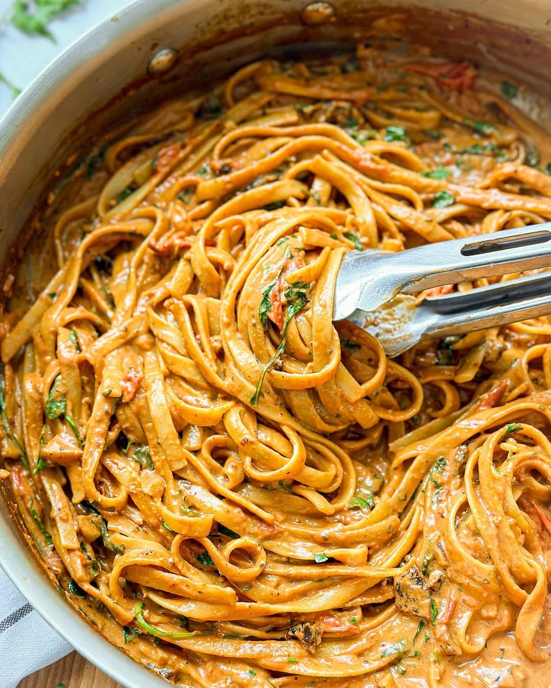 Creamy tomato pasta in a pan