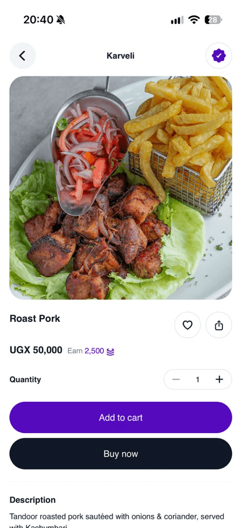 Karveli's Roast Pork in the Coinz app: UGX 50,000, earn 2,500 Coinz, with Add to cart and Buy now